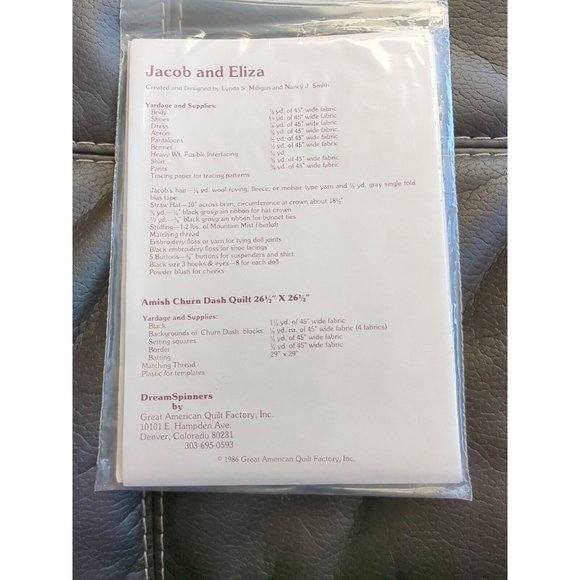 30" Amish Dolls pattern packet  #122 JACOB AND ELIZA 1986 Dream Spinners - Picture 3 of 3